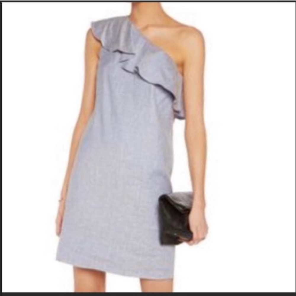 Theory Alexandra Linen Blend Dress Blue One Shoulder Ruffle Mini Short Size‎ 8